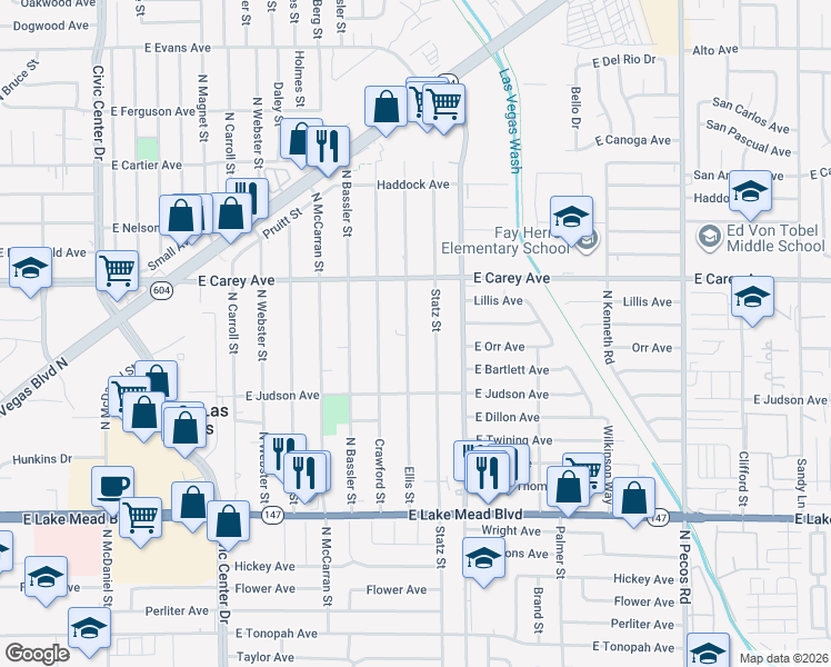 map of restaurants, bars, coffee shops, grocery stores, and more near 2252 Ellis Street in North Las Vegas