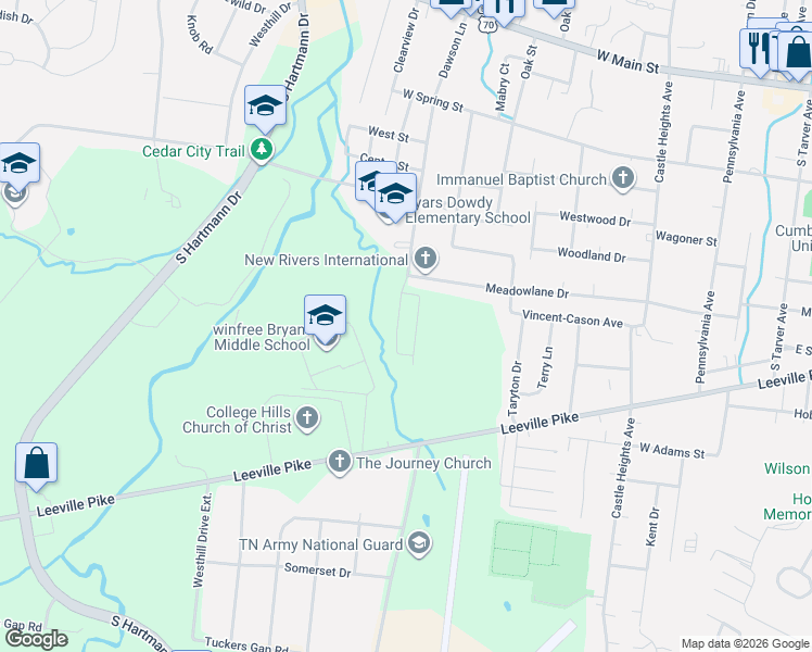 map of restaurants, bars, coffee shops, grocery stores, and more near 828 Meadowlane Drive in Lebanon