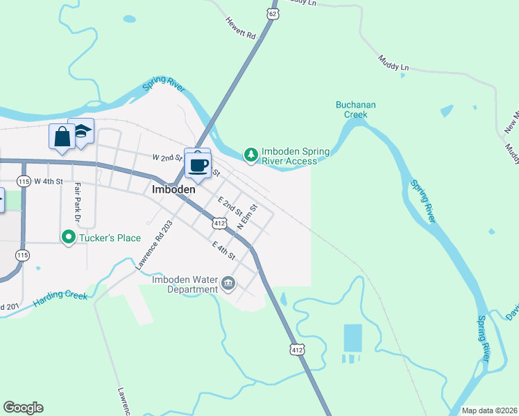 map of restaurants, bars, coffee shops, grocery stores, and more near 405 East 2nd Street in Imboden