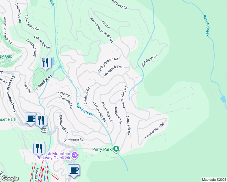 map of restaurants, bars, coffee shops, grocery stores, and more near 154 Pond Creek Road in Beech Mountain