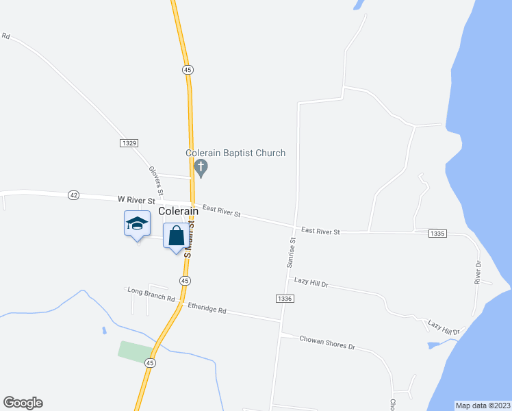 map of restaurants, bars, coffee shops, grocery stores, and more near 303 East River Street in Colerain