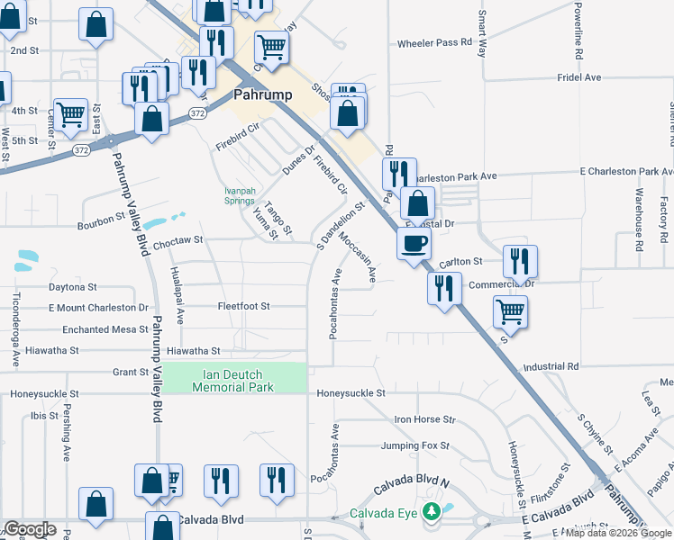map of restaurants, bars, coffee shops, grocery stores, and more near 1281 Pocahontas Avenue in Pahrump