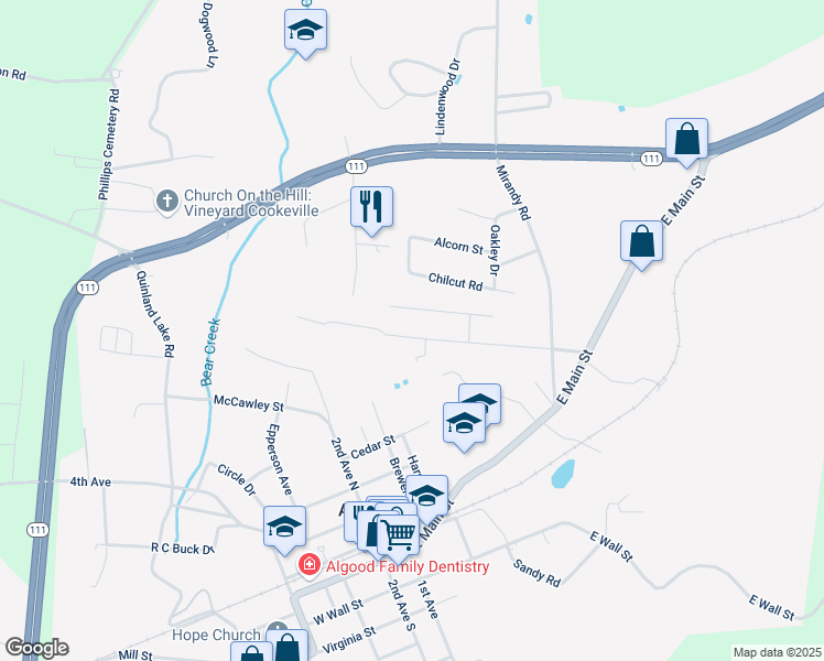 map of restaurants, bars, coffee shops, grocery stores, and more near 265 Durant Street in Cookeville
