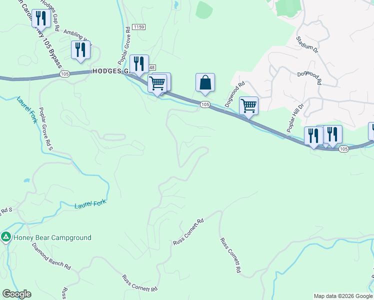 map of restaurants, bars, coffee shops, grocery stores, and more near 515 Snaggy Mountain Boulevard in Boone