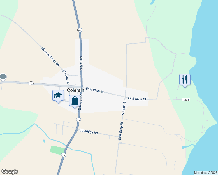 map of restaurants, bars, coffee shops, grocery stores, and more near 303 East River Street in Colerain