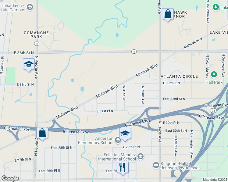 map of restaurants, bars, coffee shops, grocery stores, and more near 3229 North Wheeling Place in Tulsa