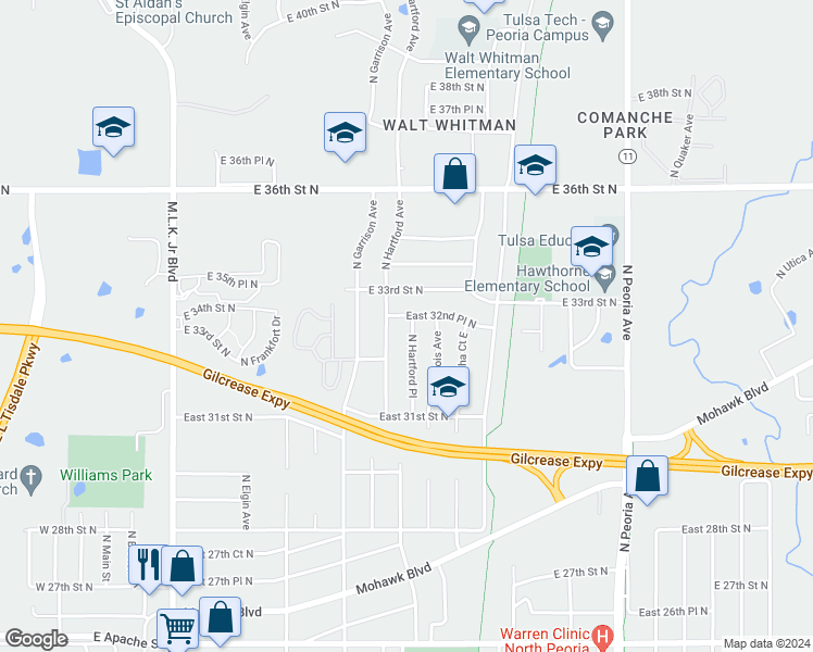 map of restaurants, bars, coffee shops, grocery stores, and more near 3182 North Hartford Place in Tulsa