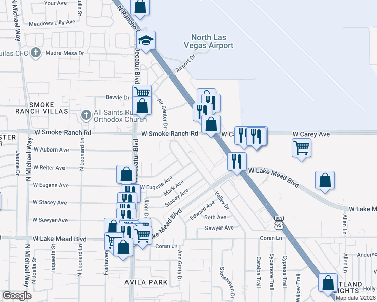 map of restaurants, bars, coffee shops, grocery stores, and more near 2313 Valley Drive in Las Vegas