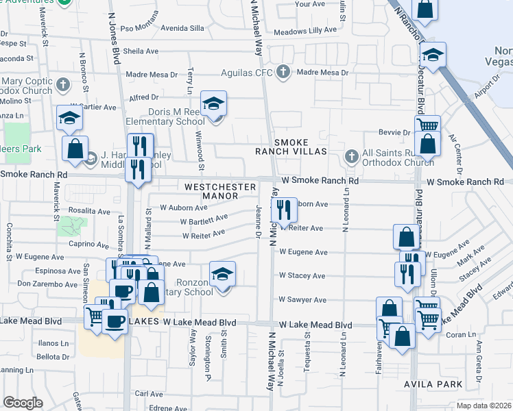 map of restaurants, bars, coffee shops, grocery stores, and more near 5508 West Reiter Avenue in Las Vegas