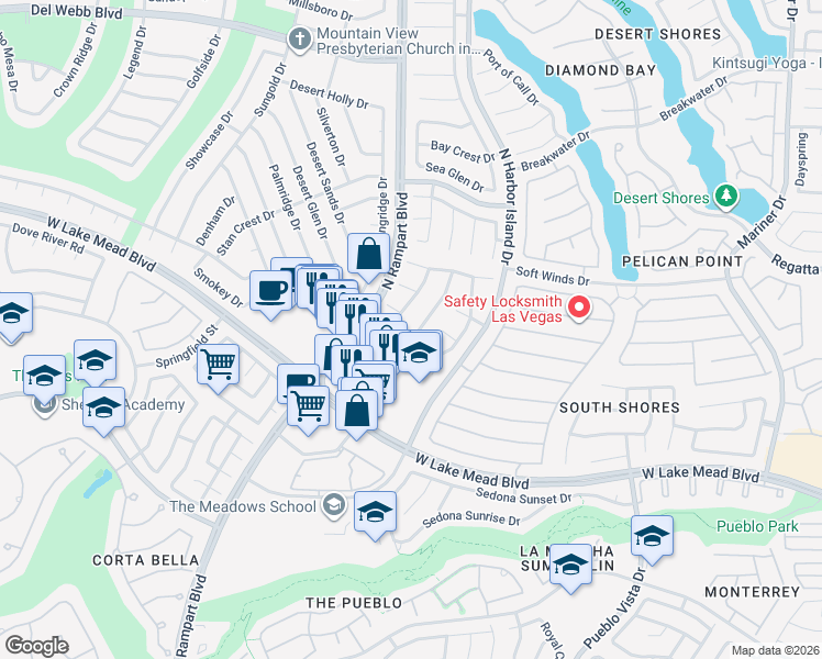 map of restaurants, bars, coffee shops, grocery stores, and more near 8360 Sheltered Valley Drive in Las Vegas