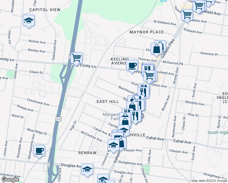 map of restaurants, bars, coffee shops, grocery stores, and more near 938C Spain Avenue in Nashville