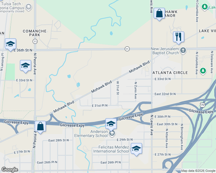 map of restaurants, bars, coffee shops, grocery stores, and more near 3229 North Wheeling Place in Tulsa
