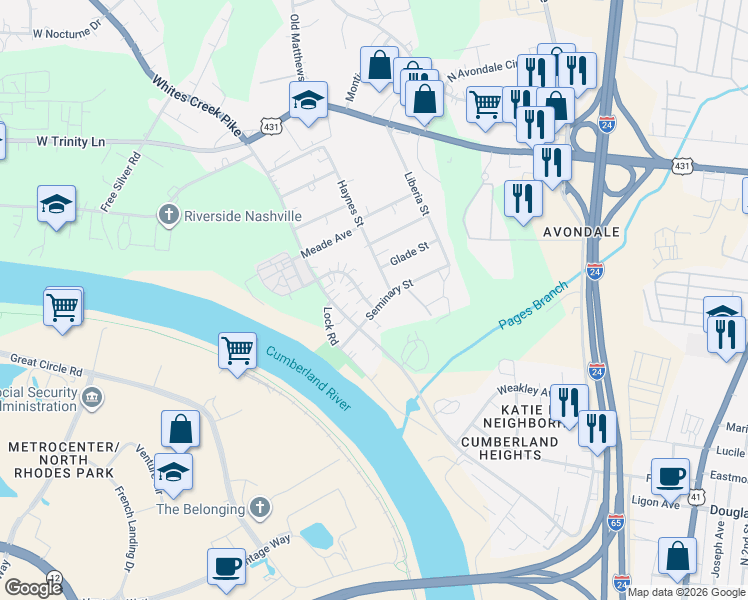 map of restaurants, bars, coffee shops, grocery stores, and more near 1705 Seminary Street in Nashville