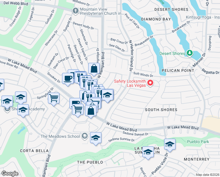 map of restaurants, bars, coffee shops, grocery stores, and more near 8360 Sheltered Valley Drive in Las Vegas