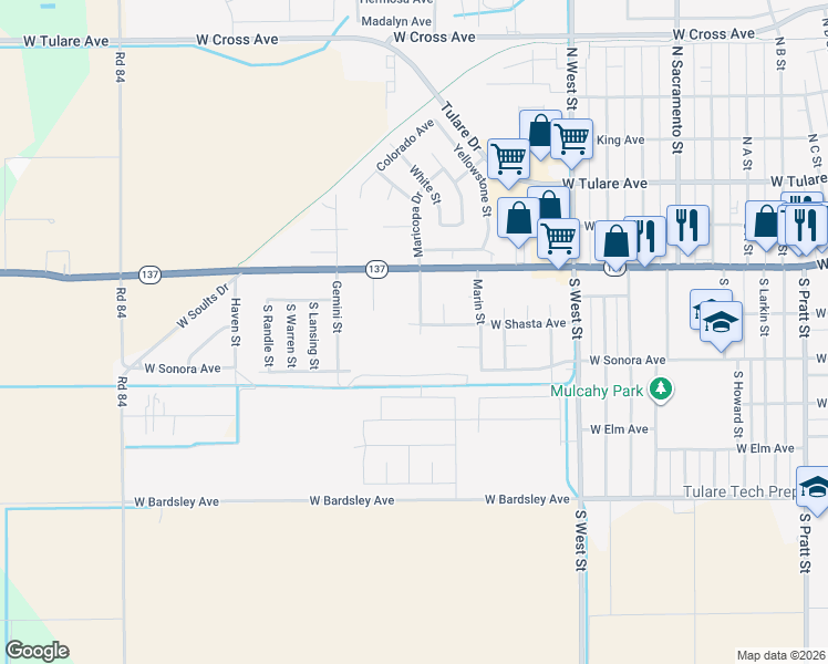 map of restaurants, bars, coffee shops, grocery stores, and more near 398 South Maricopa Court in Tulare