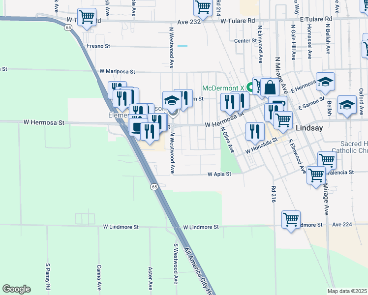 map of restaurants, bars, coffee shops, grocery stores, and more near 200 North Westwood Avenue in Lindsay