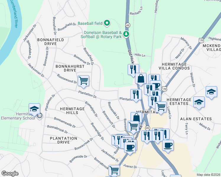 map of restaurants, bars, coffee shops, grocery stores, and more near 242 Bonnafield Drive in Nashville