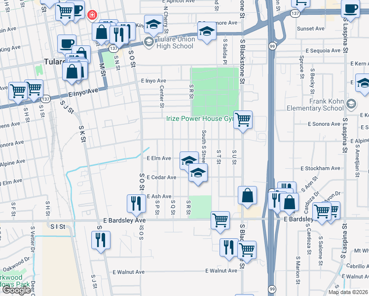 map of restaurants, bars, coffee shops, grocery stores, and more near 922 E Elm Ave in Tulare