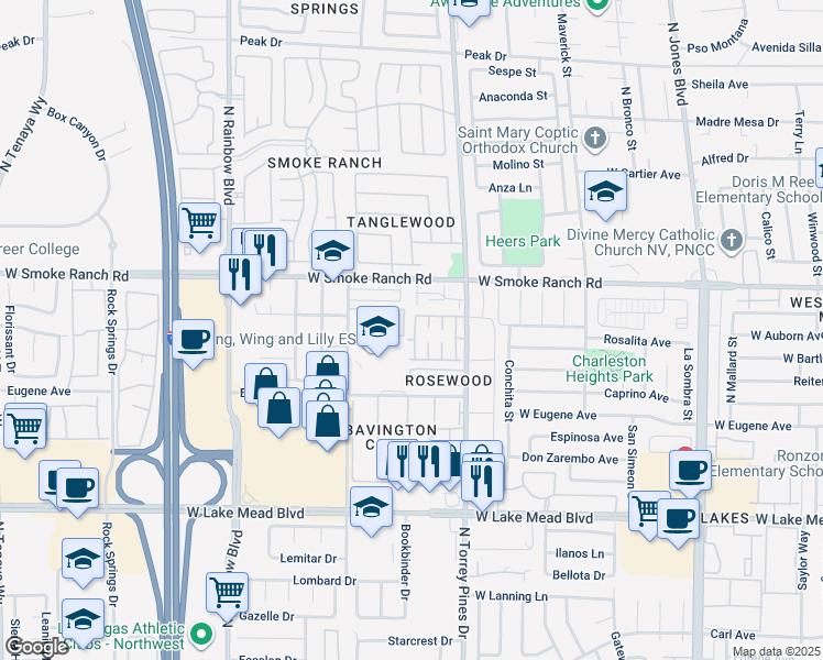 map of restaurants, bars, coffee shops, grocery stores, and more near 2212 Silver Pine Drive in Las Vegas