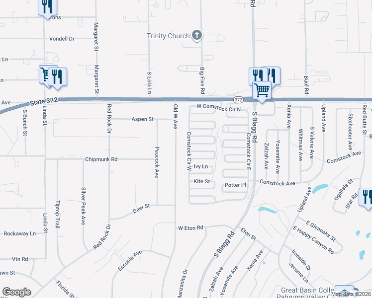 map of restaurants, bars, coffee shops, grocery stores, and more near 1301 Old West Avenue in Pahrump