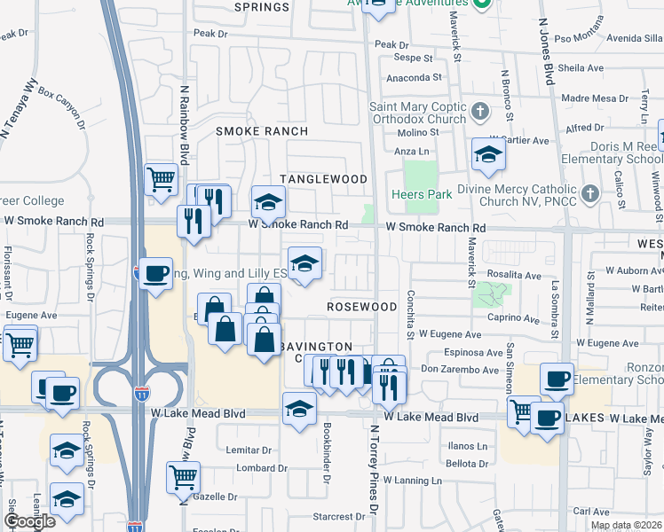 map of restaurants, bars, coffee shops, grocery stores, and more near 2248 Short Pine Drive in Las Vegas