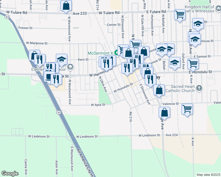map of restaurants, bars, coffee shops, grocery stores, and more near 142 North Ashland Avenue in Lindsay