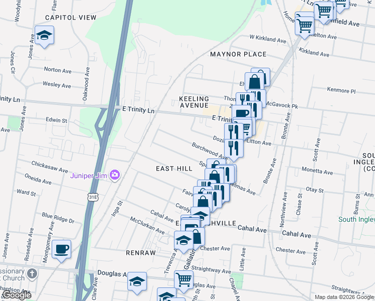 map of restaurants, bars, coffee shops, grocery stores, and more near 938C Spain Avenue in Nashville