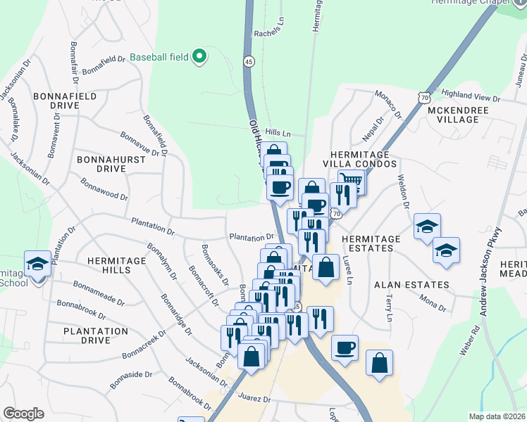 map of restaurants, bars, coffee shops, grocery stores, and more near 4028 Plantation Drive in Nashville