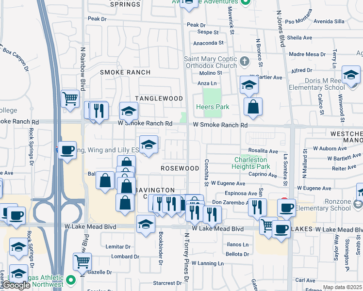 map of restaurants, bars, coffee shops, grocery stores, and more near 2213 Tall Pine Drive in Las Vegas