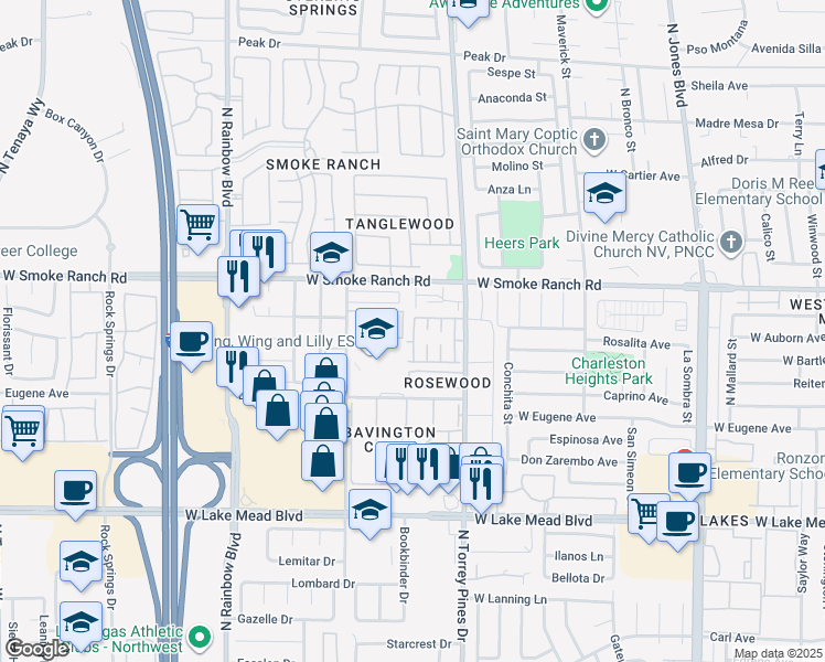 map of restaurants, bars, coffee shops, grocery stores, and more near 2212 Silver Pine Drive in Las Vegas