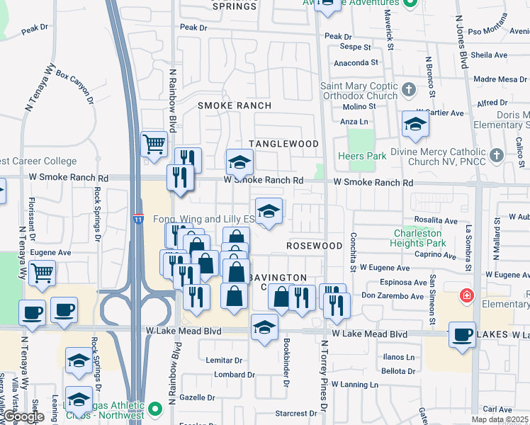 map of restaurants, bars, coffee shops, grocery stores, and more near 2200 James Bilbray Drive in Las Vegas