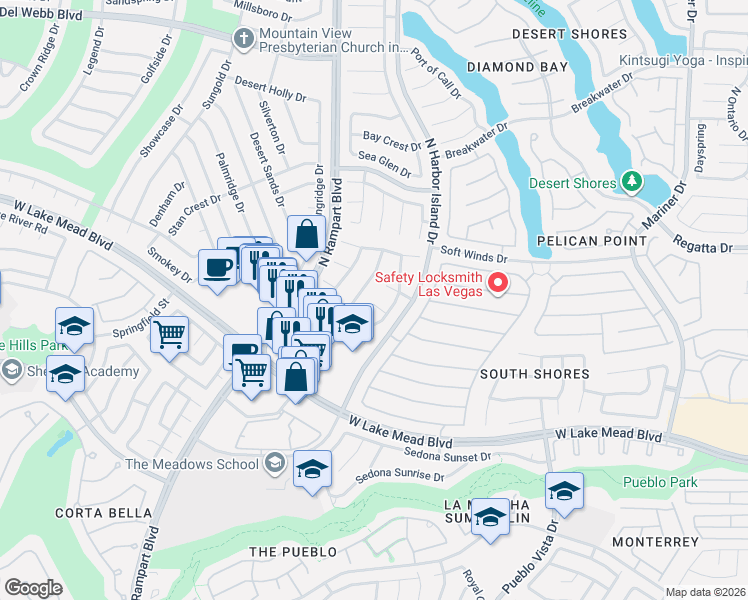 map of restaurants, bars, coffee shops, grocery stores, and more near 8360 Sheltered Valley Drive in Las Vegas