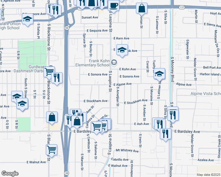 map of restaurants, bars, coffee shops, grocery stores, and more near 776 South Laspina Street in Tulare