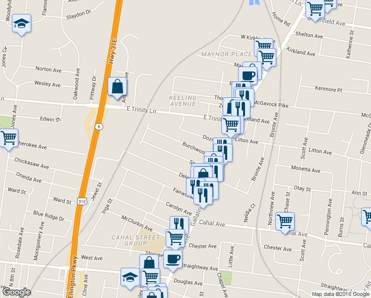map of restaurants, bars, coffee shops, grocery stores, and more near 938C Spain Avenue in Nashville