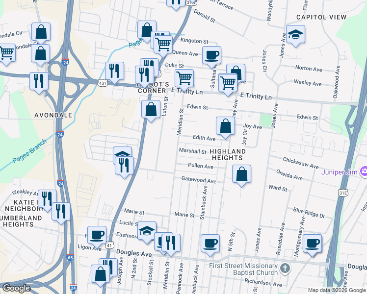 map of restaurants, bars, coffee shops, grocery stores, and more near 1519 Meridian Street in Nashville