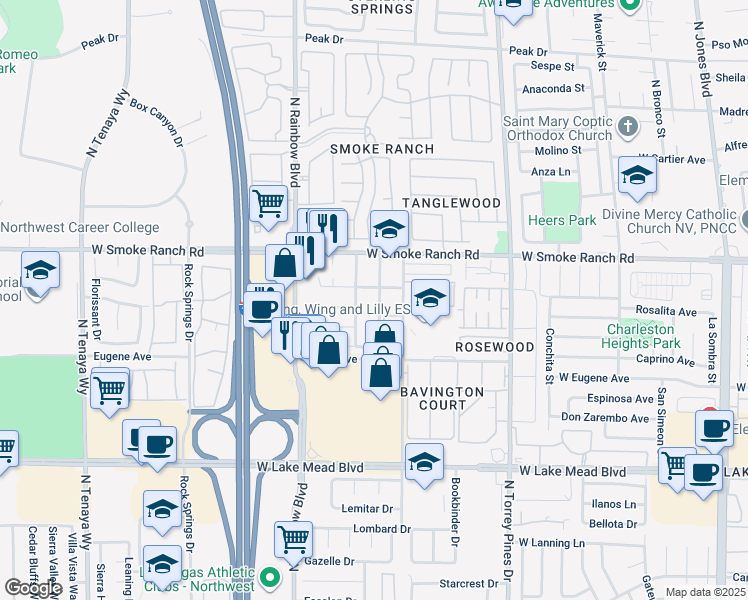 map of restaurants, bars, coffee shops, grocery stores, and more near 2313 Avery Drive in Las Vegas