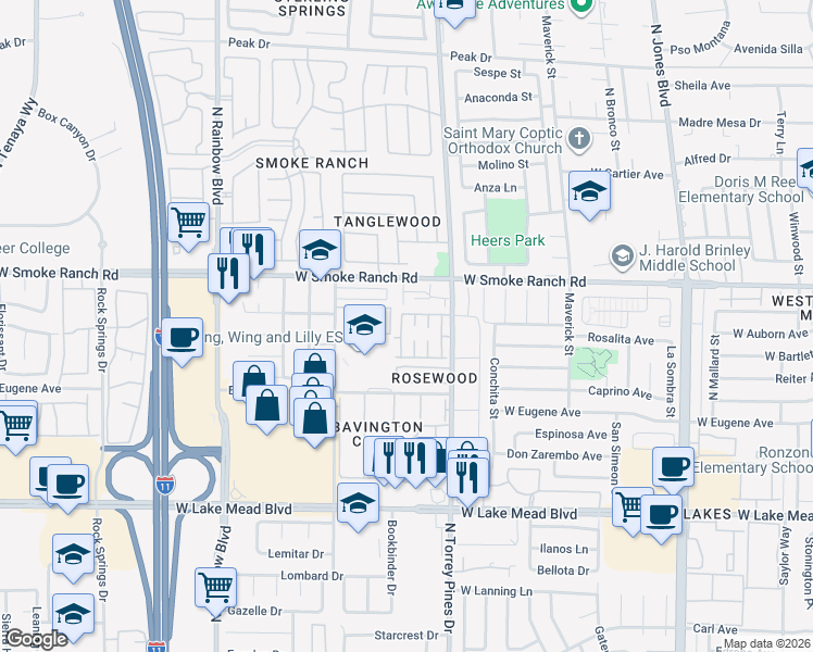 map of restaurants, bars, coffee shops, grocery stores, and more near 2253 Short Pine Drive in Las Vegas