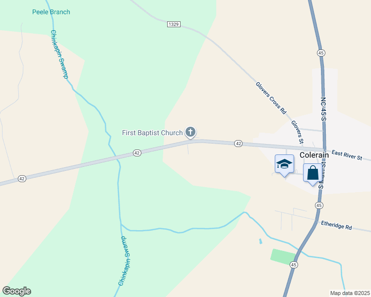 map of restaurants, bars, coffee shops, grocery stores, and more near 1828 North Carolina 42 in Colerain