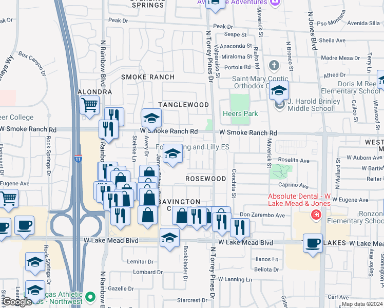 map of restaurants, bars, coffee shops, grocery stores, and more near 2253 Short Pine Drive in Las Vegas