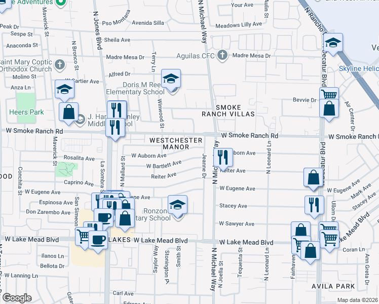 map of restaurants, bars, coffee shops, grocery stores, and more near 5521 West Auborn Avenue in Las Vegas