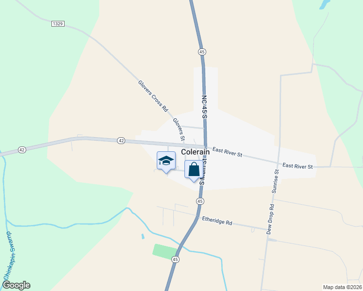 map of restaurants, bars, coffee shops, grocery stores, and more near North Carolina 42 in Colerain