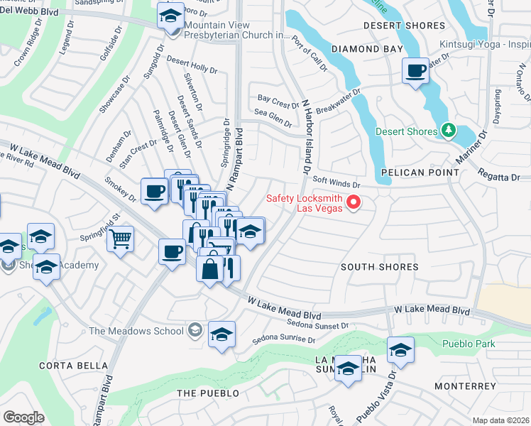 map of restaurants, bars, coffee shops, grocery stores, and more near 8360 Sheltered Valley Drive in Las Vegas