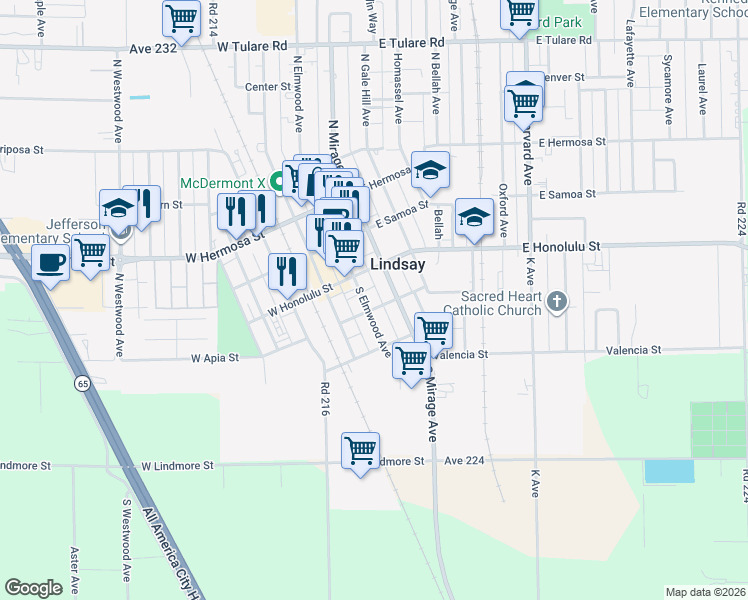 map of restaurants, bars, coffee shops, grocery stores, and more near 201-299 S Elmwood Ave in Lindsay