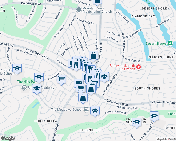 map of restaurants, bars, coffee shops, grocery stores, and more near 2401 Desert Glen Drive in Las Vegas