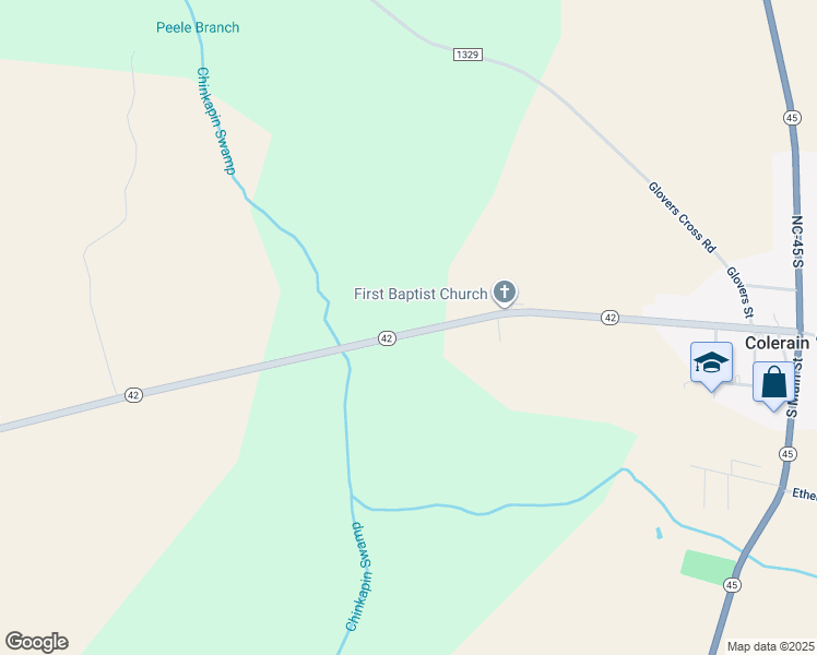 map of restaurants, bars, coffee shops, grocery stores, and more near 1809 North Carolina 42 in Colerain