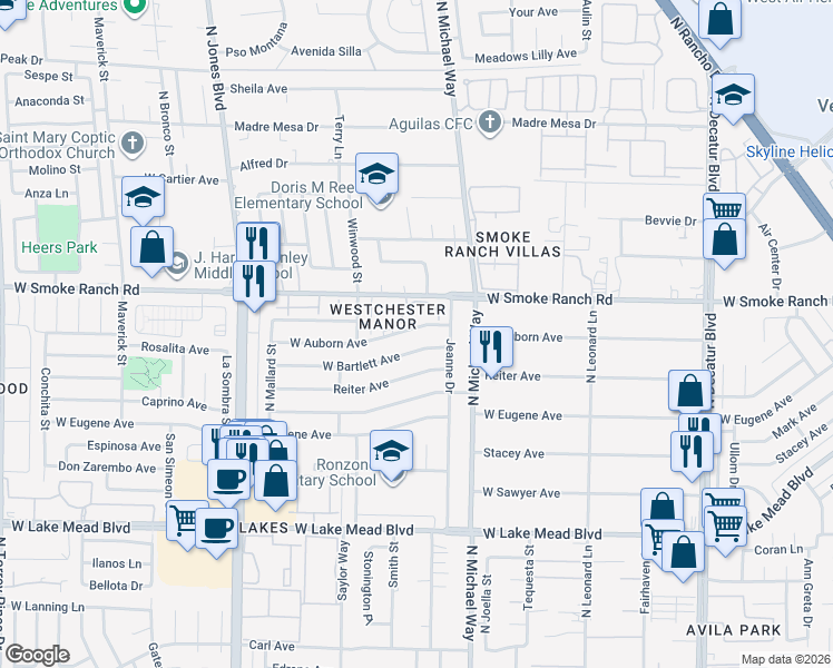 map of restaurants, bars, coffee shops, grocery stores, and more near 5521 West Auborn Avenue in Las Vegas