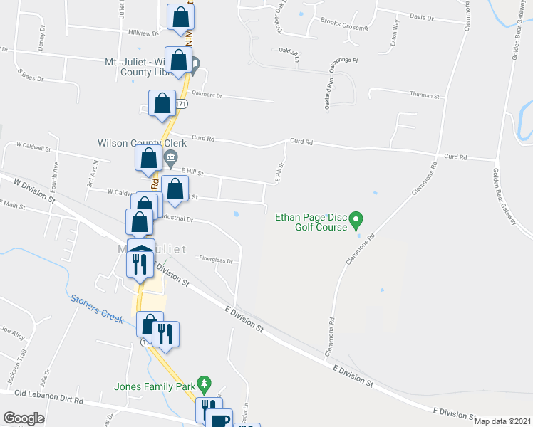 map of restaurants, bars, coffee shops, grocery stores, and more near 65 East Caldwell Street in Mount Juliet