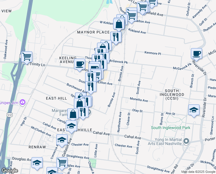 map of restaurants, bars, coffee shops, grocery stores, and more near 1122 Litton Avenue in Nashville
