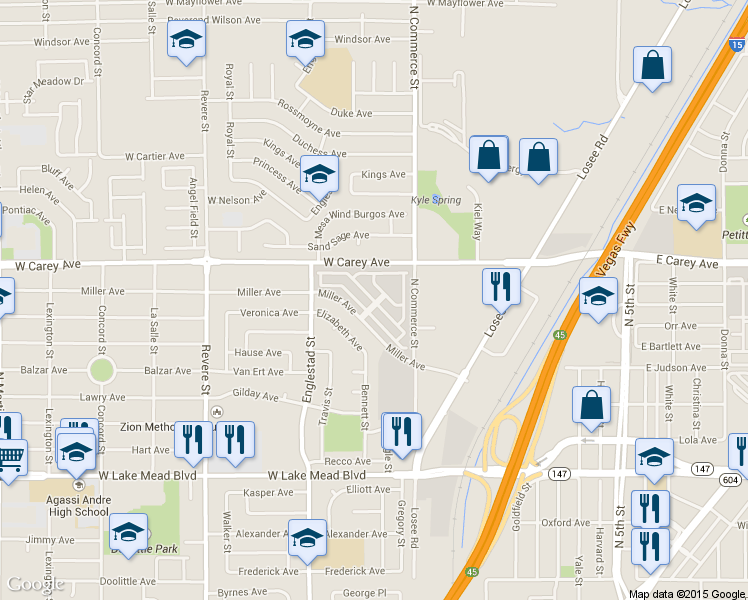 map of restaurants, bars, coffee shops, grocery stores, and more near 500 Miller Avenue in North Las Vegas