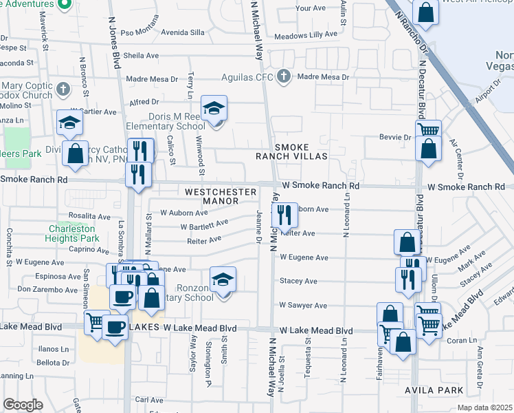 map of restaurants, bars, coffee shops, grocery stores, and more near 2341 Wooster Circle in Las Vegas